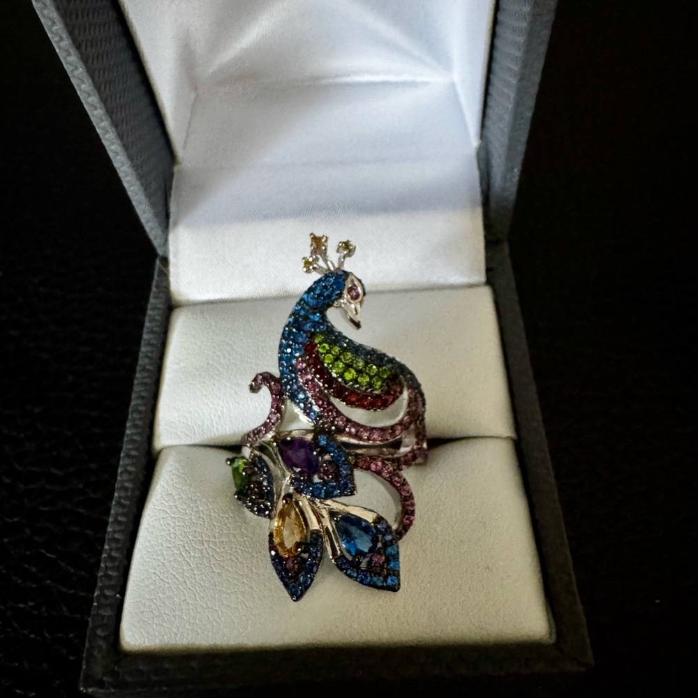 Elegant Multi Gem Peacock Rhodium over Sterling Ring. Sz 7.